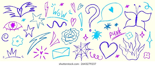 Doodle punk scribble set with heart, flower and butterfly. Sketch scribble doodle y2k punk element. Crayon vector hand drawn.