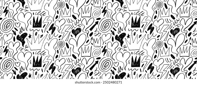 Doodle punk style seamless banner design with melting hearts, crayon drawn crowns and squiggles. Valentine’s Day seamless pattern. Retro psychedelic romantic background print with pencil doodles.