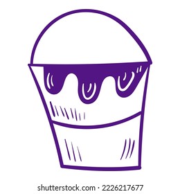 Doodle purple bucket. Line art vector icon on white background.