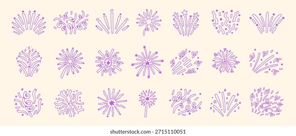 Doodle púrpura Сonfetti petardo kit. Dibujado a mano Celebrar el Paquete del elemento de fuegos artificiales en fondo beige. Ilustración vectorial de línea