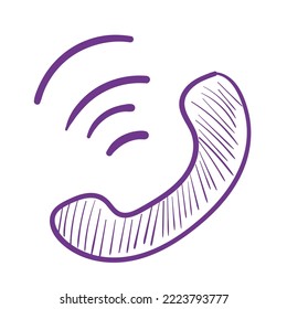 Doodle purple phone. Business line art icon on white background.