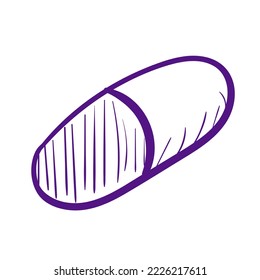 Doodle purple pill. Medicine line art vector icon on white background.