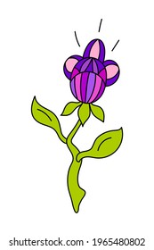 Doodle purple and pink fantasy flower with two leaves. Sketchy cartoon style blooming magic plant. Decorative graphic design element. Fairy tale nature print.