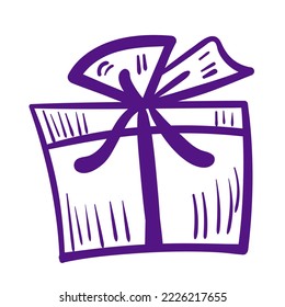 Doodle purple present. Celebrate line art vector icon on white background.