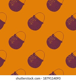 Doodle purple witchy bowler seamless pattern. Orange background. Cooking backdrop. Decorative print for fabric design, textile print, wrapping, cover. Vector illustration