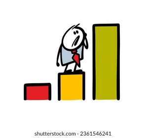 Doodle puzzled cartoon stickman looks frustrated at a high column in the graph and solves the problem. Vector illustration of a man striving for success. Funny character isolated on white background.