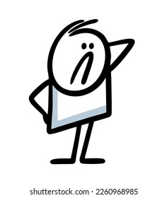 Doodle puzzled character stands thoughtfully scratching his head. Vector illustration of a funny stickman.