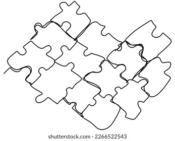 Doodle puzzles in one line on a white background. The concept of a disassembled puzzle. Stock vector illustration with editable stroke.