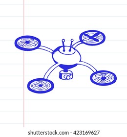 Doodle quadrocopter with camera on striped paper. Vector technology Illustration.
