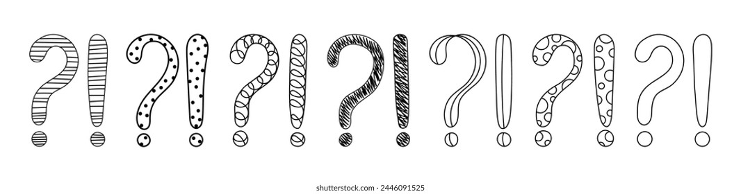 Doodle question and exclamation marks hand drawn sketch vector illustration set. Collection of various exclamation and question attention, asking, doubt and warning punctuation freehand scribbles.