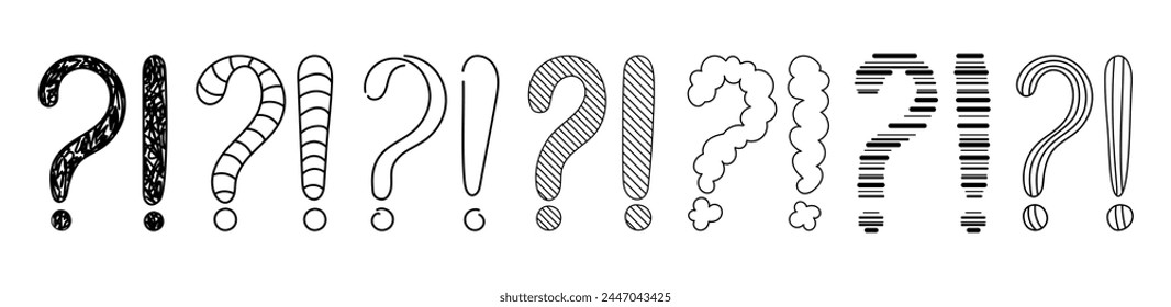 Doodle question and exclamation marks hand drawn sketch vector illustration set. Collection of various exclamation and question attention, asking, doubt and warning punctuation freehand scribbles.