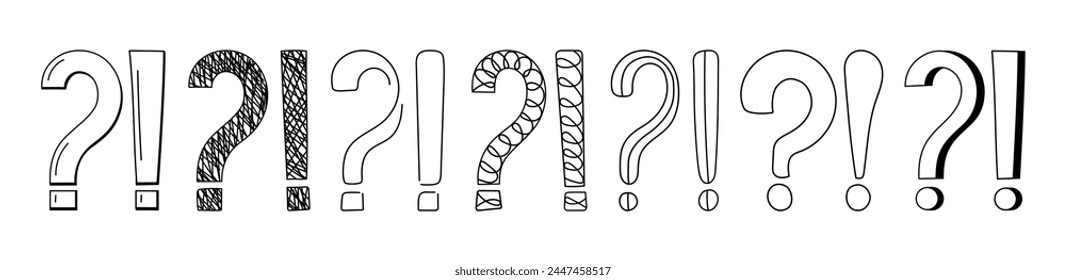 Doodle question and exclamation marks hand drawn sketch vector illustration set. Collection of various exclamation and question attention, asking, doubt and warning punctuation freehand scribbles.