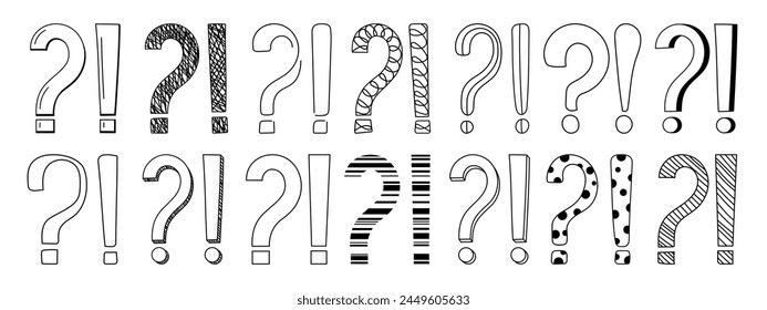 Doodle question and exclamation marks hand drawn sketch vector illustration set. Collection of various exclamation and question attention, asking, doubt and warning punctuation freehand scribbles.