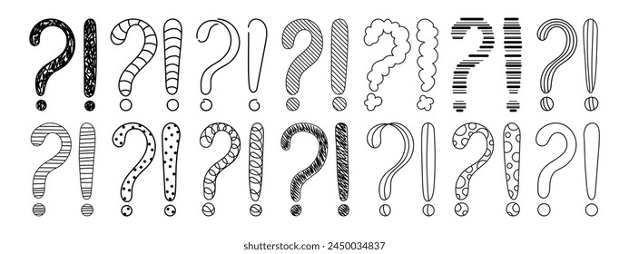 Doodle question and exclamation marks hand drawn sketch vector illustration set. Collection of various exclamation and question attention, asking, doubt and warning punctuation freehand scribbles.