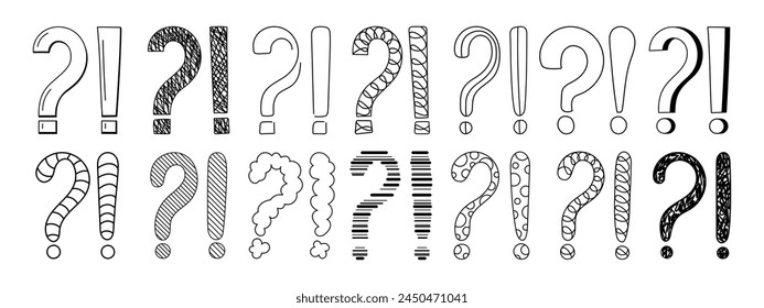 Doodle question and exclamation marks hand drawn sketch vector illustration set. Collection of various exclamation and question attention, asking, doubt and warning punctuation freehand scribbles.