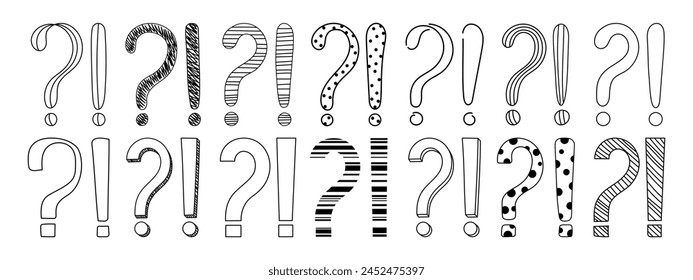 Doodle question and exclamation marks hand drawn sketch vector illustration set. Collection of various exclamation and question attention, asking, doubt and warning punctuation freehand scribbles.