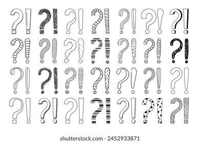 Doodle question and exclamation marks hand drawn sketch vector illustration set. Collection of various exclamation and question attention, asking, doubt and warning punctuation freehand scribbles.