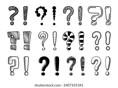 Doodle question and exclamation marks. Vector set of punctuation signs, signal inquiry, seeking answers or express excitement, surprise or urgency, guiding the tone and intensity of written expression