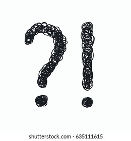 Doodle question mark and exclamation sign isolated. Vector illustration.