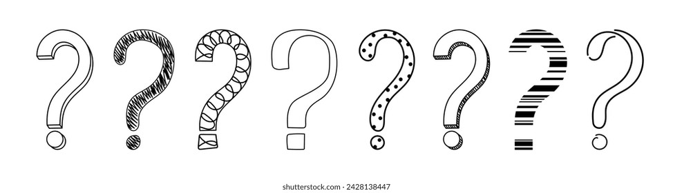 Doodle question mark hand drawn sketch vector illustration set isolated on white background. Collection of various question marks asking or doubt punctuation black and white freehand scribble symbols.