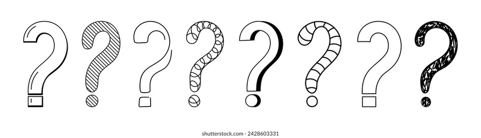 Doodle question mark hand drawn sketch vector illustration set isolated on white background. Collection of various question marks asking or doubt punctuation black and white freehand scribble symbols.