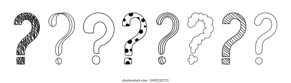 Doodle question mark hand drawn sketch vector illustration set isolated on white background. Collection of various question marks asking or doubt punctuation black and white freehand scribble symbols.