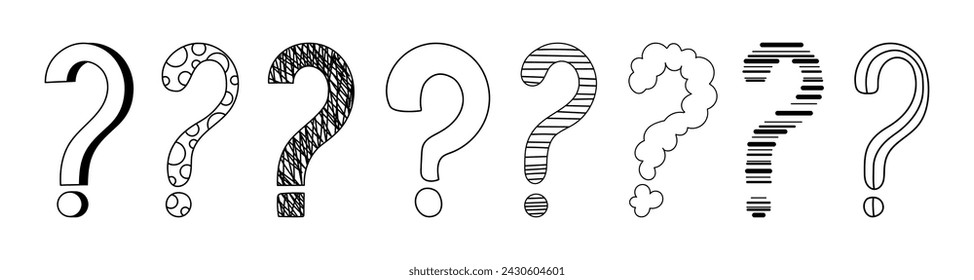 Doodle question mark hand drawn sketch vector illustration set isolated on white background. Collection of various question marks asking or doubt punctuation black and white freehand scribble symbols.