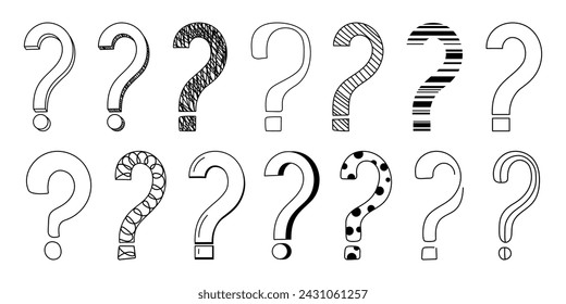 Doodle question mark hand drawn sketch vector illustration set isolated on white background. Collection of various question marks asking or doubt punctuation black and white freehand scribble symbols.