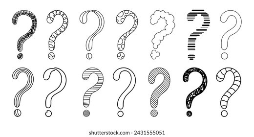 Doodle question mark hand drawn sketch vector illustration set isolated on white background. Collection of various question marks asking or doubt punctuation black and white freehand scribble symbols.