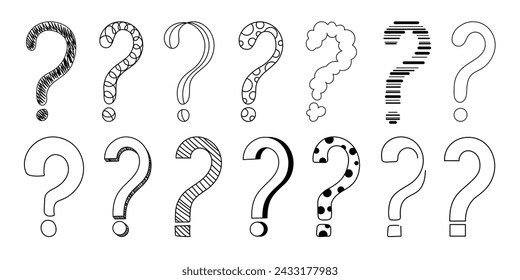 Doodle question mark hand drawn sketch vector illustration set isolated on white background. Collection of various question marks asking or doubt punctuation black and white freehand scribble symbols.