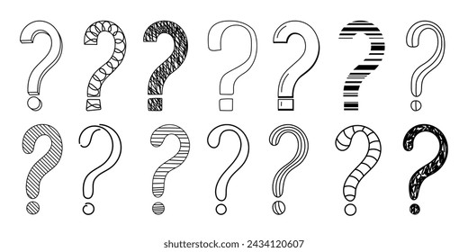 Doodle question mark hand drawn sketch vector illustration set isolated on white background. Collection of various question marks asking or doubt punctuation black and white freehand scribble symbols.