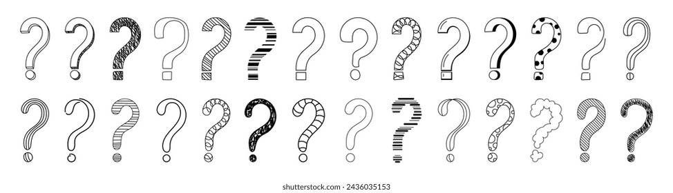 Doodle question mark hand drawn sketch vector illustration set isolated on white background. Collection of various question marks asking or doubt punctuation black and white freehand scribble symbols.