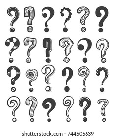 Doodle question marks. Hand drawn interrogation icons or sketch ask questions isolated on white background, vector illustration