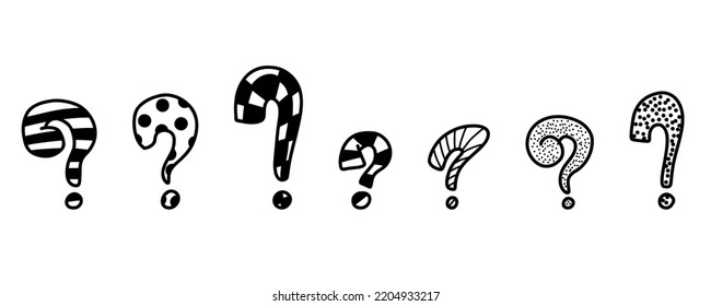 Doodle Questions. Hand Drawn Question Marks. Doodle Marker Ask Point. Punctuation Marks. Black Vector Illustration On White Background.