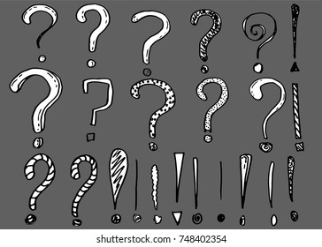 Doodle questions marks and exclamation marks. Vector, isolated on grey background. Hand drawn