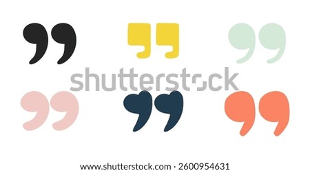 Doodle quotation mark. Hand drawn color comma set for speech bubble. Vector comic apostrophe icon for conversation. Sketch scribble sign. Punctuation symbol on white background