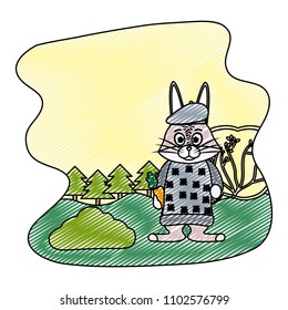 doodle rabbit animal with clothes and carrot in the landscape