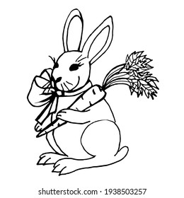 Doodle rabbit with a bow and carrot on a white background.Vector rabbit can be used in textiles, coloring pages,and postcards.