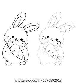 Doodle rabbit with carrot clipart vector. Easter bunny coloring pages Easter worksheets printable for kids activity, Kindergarten and preschool. Trace and color Easter bunny worksheets. 