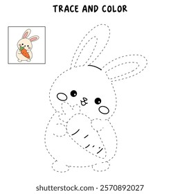 Doodle rabbit with carrot clipart vector. Easter bunny coloring pages Easter worksheets printable for kids activity, Kindergarten and preschool. Trace and color Easter bunny worksheets. 