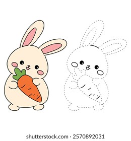 Doodle rabbit with carrot clipart vector. Easter bunny coloring pages Easter worksheets printable for kids activity, Kindergarten and preschool. Trace and color Easter bunny worksheets. 