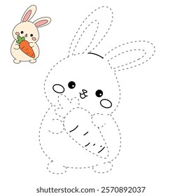 Doodle rabbit with carrot clipart vector. Easter bunny coloring pages Easter worksheets printable for kids activity, Kindergarten and preschool. Trace and color Easter bunny worksheets. 