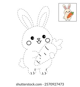 Doodle rabbit with carrot clipart vector. Easter bunny coloring pages easter worksheets printable for kids activity, Kindergarten and preschool. Trace and color Easter bunny worksheets. 