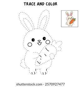 Doodle rabbit with carrot clipart vector. Easter bunny coloring pages easter worksheets printable for kids activity, Kindergarten and preschool. Trace and color Easter bunny worksheets. 