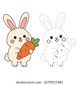 Doodle rabbit with carrot clipart vector. Easter bunny coloring pages easter worksheets printable for kids activity, Kindergarten and preschool. Trace and color Easter bunny worksheets. 