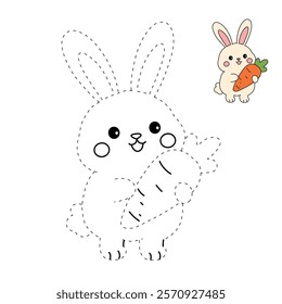 Doodle rabbit with carrot clipart vector. Easter bunny coloring pages easter worksheets printable for kids activity, Kindergarten and preschool. Trace and color Easter bunny worksheets. 