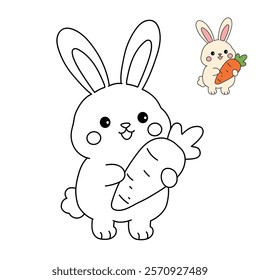 Doodle rabbit with carrot clipart vector. Easter bunny coloring pages easter worksheets printable for kids activity, Kindergarten and preschool. Trace and color Easter bunny worksheets. 