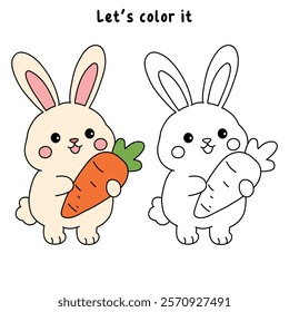 Doodle rabbit with carrot clipart vector. Easter bunny coloring pages easter worksheets printable for kids activity, Kindergarten and preschool. Trace and color Easter bunny worksheets. 