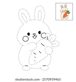 Doodle rabbit with carrot clipart vector. Easter bunny coloring pages easter worksheets printable for kids activity, Kindergarten and preschool. Trace and color Easter bunny worksheets. 