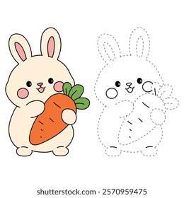 Doodle rabbit with carrot clipart vector. Easter bunny coloring pages easter worksheets printable for kids activity, Kindergarten and preschool. Trace and color Easter bunny worksheets. 